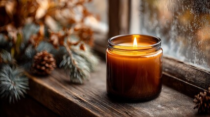 Winter nature ambiance: warm candle glow and serene snowy exterior.