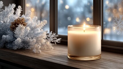Candlelight on wooden sill, winter pine branches and frosted window.