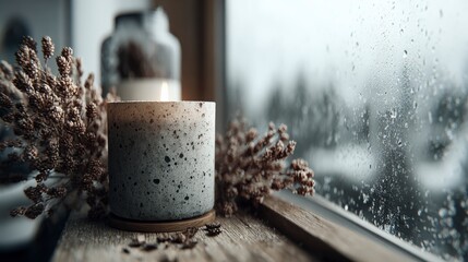 Cozy winter scene with glowing candle and snow-covered outdoors.