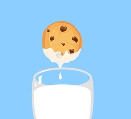 cookie dropped in milk cute cartoon style illustration breakfast, snack 