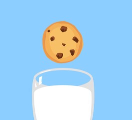cookie and glass of milk breakfast cartoon style illustration