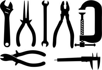 Essential Hand Tools like Hammer, Wrench, Screwdriver, Circular Saw Blade, Pliers, Measuring Tape, Hand Saw. Repair or work Tools on white.