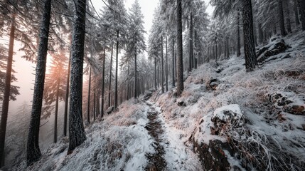 Winter nature landscape with pristine snow and soft glowing light.