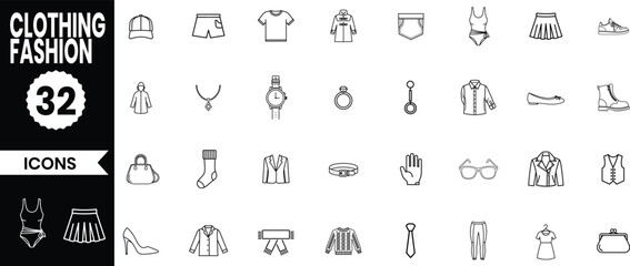 Collection of 32 simple line art icons representing clothing and fashion accessories for design