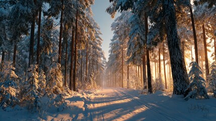 Serene pine forest path illuminated by warm winter sunlight, no people.