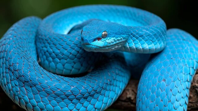 Blue viper snake coils around tree branch in close-up, showcasing vibrant turquoise scales and unique reptile beauty in wildlife shot.