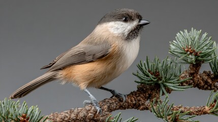 Titmouse sitting on frost-covered evergreen, serene winter nature.