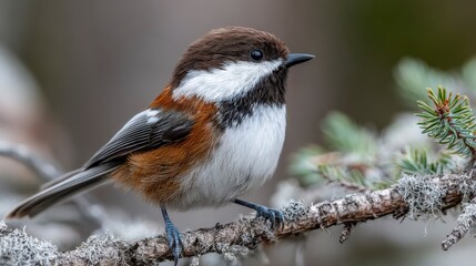 Robin on icy pine branch with shallow depth of field, neutral background.