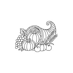 Black and white cornucopia filled with harvest fruits and vegetables