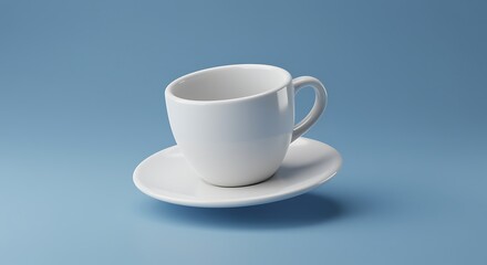 Fototapeta premium Elegant white ceramic coffee cup and saucer on pastel blue background creating a simple and clean aesthetic