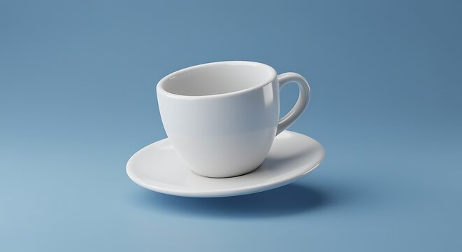 Elegant white ceramic coffee cup and saucer on pastel blue background creating a simple and clean aesthetic