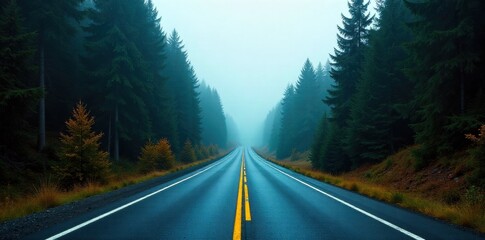 A winding asphalt road disappearing into a misty, evergreen forest at dawn, evoking a sense of exploration. An empty, winding asphalt road disappearing into a dense, misty evergreen forest at dawn.