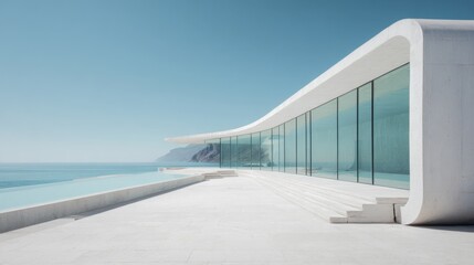 Fototapeta premium Modern White Concrete Structure with Large Glass Windows Overlooking Ocean and Mountain Views