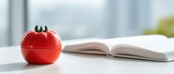 Minimalist pomodoro timer shaped like tomato next to open book on desk