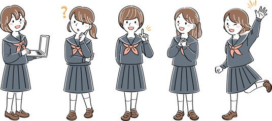 制服姿の女子学生の全身イラストセット・様々なポーズと表情（ノートパソコンを使う、疑問、説明、手を振る）