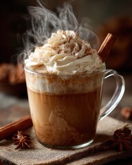 Hot beverage with whipped cream and cinnamon