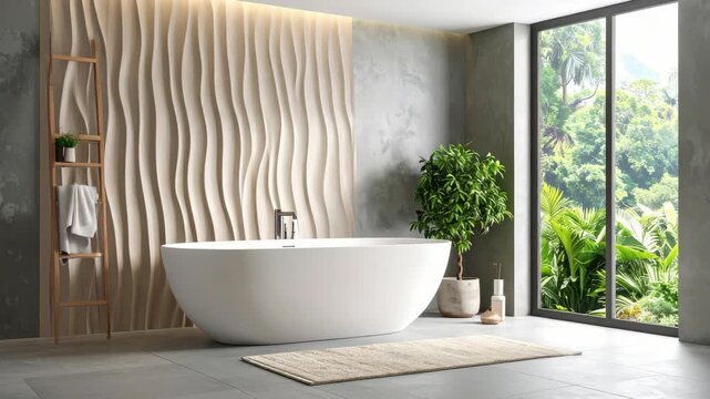 Modern bathroom interior featuring a freestanding oval tub, textured wall panel, wooden ladder, potted plant, and a large window with lush green view.
