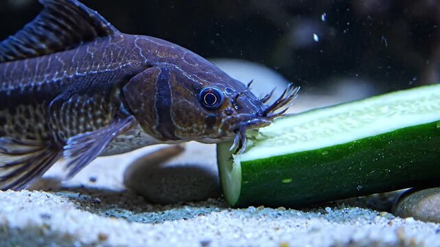 In the quiet of the night, a plecostomus emerges to graze on a slice of cucumber.