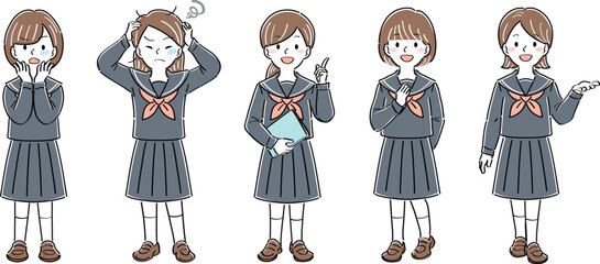制服姿の女子学生の全身イラストセット・様々なポーズと表情（不安、苦悩、説明、納得、案内）