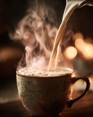 Coffee pouring into cup steaming warmth