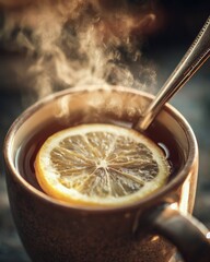 Hot tea with lemon slice
