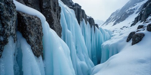 Close up of ice encrusted rock formations on a mountain slope during a severe snowstorm. An extreme close up, macro shot of jagged, dark grey rock formations on a mountain slope heavily encrusted with