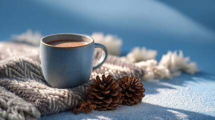 A blue mug with hot chocolate sitting on a scarf with pine cones and a blue background in winter light