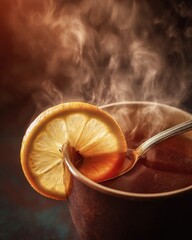 Hot tea with orange slice steaming