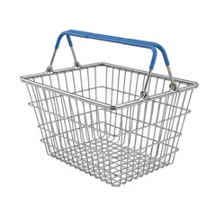 Shiny metal shopping basket with blue handle isolated on transparent background
