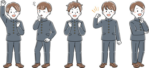 制服姿の男子学生の全身イラストセット・様々なポーズと表情（ガッツポーズ、考える、悩む）