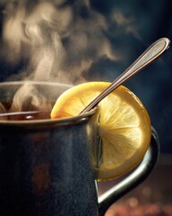 Hot tea with lemon and steam
