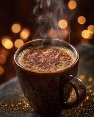 Steaming coffee in ceramic mug