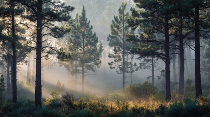 Misty Pine Forest Awakening in Early Morning Light with Soft Sunbeams Piercing Through Dense Foliage and Mist