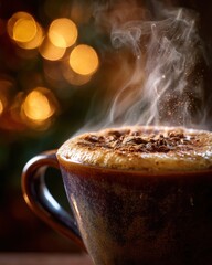 Steaming coffee with holiday lights