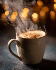 Steaming hot beverage in ceramic mug