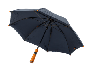 Closed navy blue umbrella with orange handle