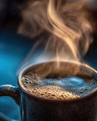 Hot coffee steaming in dark mug