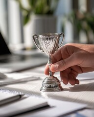 Silver trophy hand office workspace