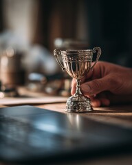 Silver trophy held in hand closeup