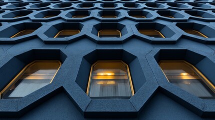 Modern Blue Building Facade with Honeycomb Window Design and Geometric Layout
