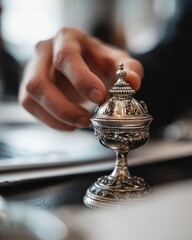 Silver ornate cup hand adjusting lid