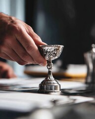 Silver chalice held by hand indoors