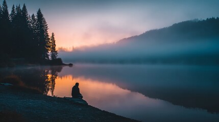 Tranquil Scene of a Person Sitting by a Calm Lake at Dawn Reflecting Peaceful Nature in Soft Morning Light