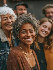 Fototapeta premium group of multigenerational people having fun together multiracial friends of different ages smiling outdoor main focus on african curvy girl face no logos no brands ar 34