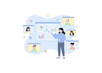 A female professional, standing at the center, is actively presenting data from a large, stylized screen displaying charts and graphs using a pointer with many online participants listening intently.