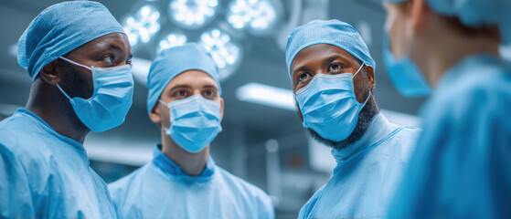 Team of surgeons in operating room wearing masks and scrubs