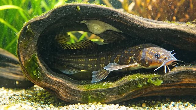 Inside a hollow log, a bristlenose pleco rests during the day.