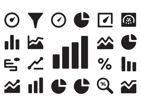 Collection of black data analysis and chart icons graph