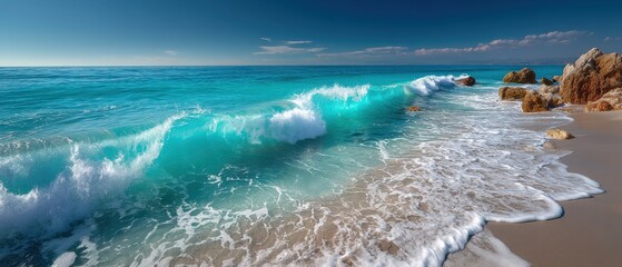 Ocean waves breaking on sandy beach with clear blue sky