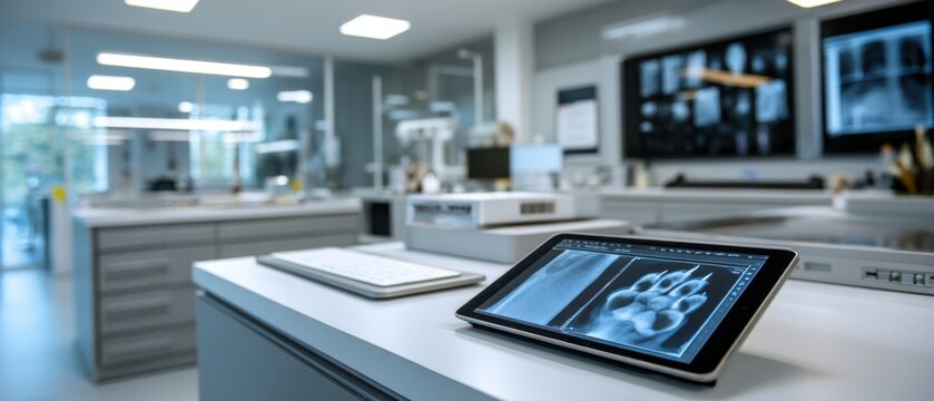 Digital tablet showing animal paw X-ray in veterinary clinic